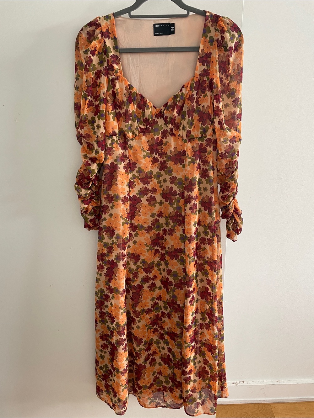 Reformation Rust Multi Floral Midi Dress with Puff Sleeves